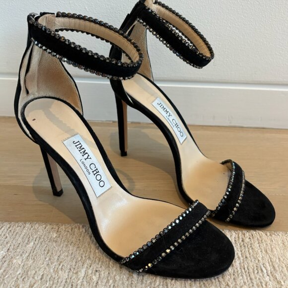 JIMMY CHOO DOCHAS 100 crystal-embellished suede sandals, black - Picture 2 of 3